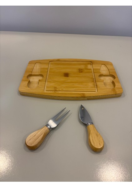 Bambu 2 Bıçaklı Peynir Sunum Tahtası - Et Sunumluk - Kahvaltı Sunumluğu -Dekoratif Sunumluk