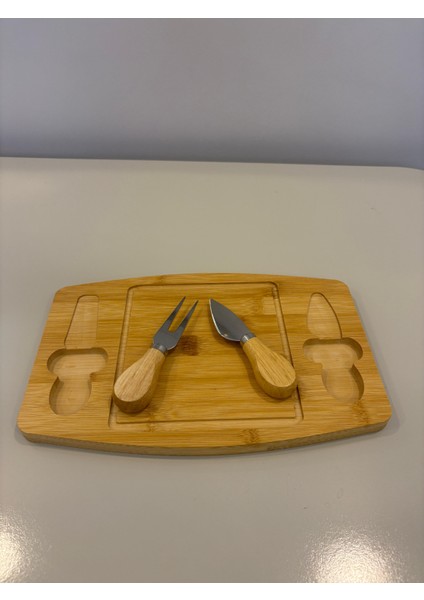 Bambu 2 Bıçaklı Peynir Sunum Tahtası - Et Sunumluk - Kahvaltı Sunumluğu -Dekoratif Sunumluk