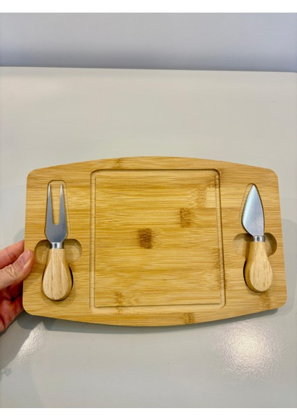 Bambu 2 Bıçaklı Peynir Sunum Tahtası - Et Sunumluk - Kahvaltı Sunumluğu -Dekoratif Sunumluk