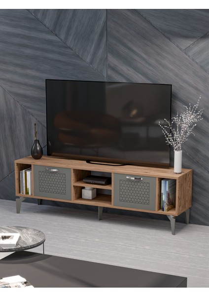 Tv Sehpası Tv Ünitesi Atlantik Çam Antrasit Gümüş 160 cm Linya 5041