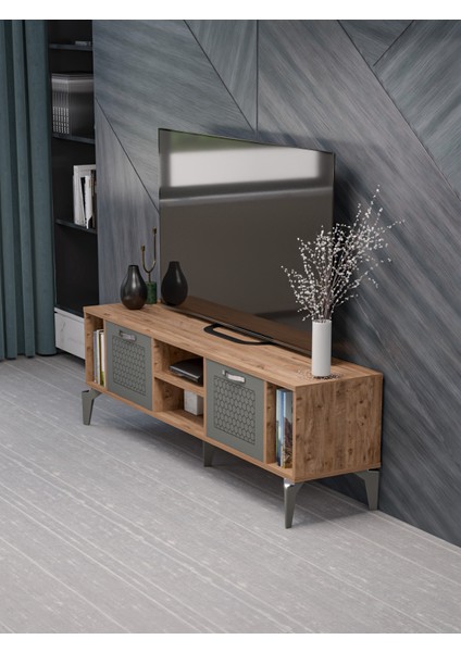 Tv Sehpası Tv Ünitesi Atlantik Çam Antrasit Gümüş 160 cm Linya 5041