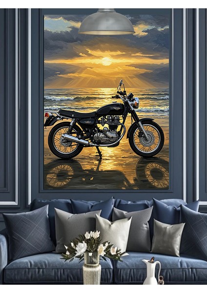 Deniz, Kumsal ve Siyah Retro Motor Dekoratif Kanvas - Mdf Ahşap Tablo