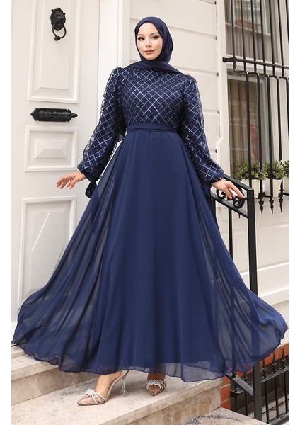 Pullu Kuşaklı Şifon Abiye Elbise 5617-02 Lacivert fiyatları