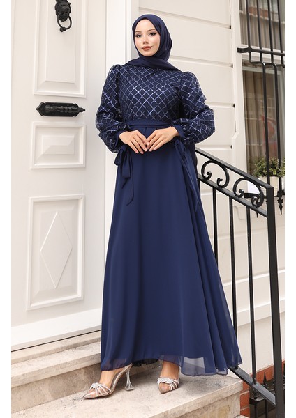 Pullu Kuşaklı Şifon Abiye Elbise 5617-02 Lacivert modelleri