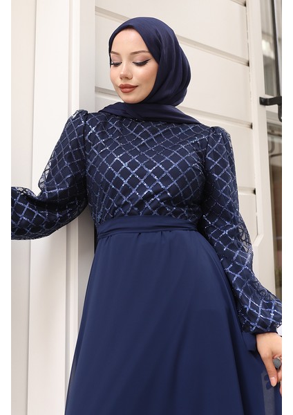 Pullu Kuşaklı Şifon Abiye Elbise 5617-02 Lacivert fırsatları