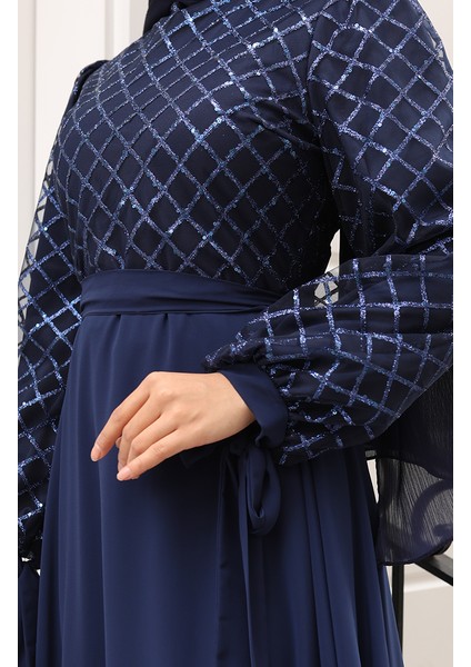 Pullu Kuşaklı Şifon Abiye Elbise 5617-02 Lacivert indirimleri