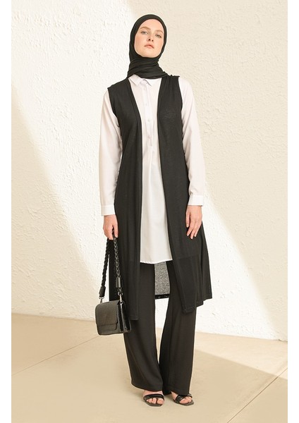Sade Ince Basic Uzun Yelek Büyük Beden Yelek Tesettür Yelek 8765-01 Siyah