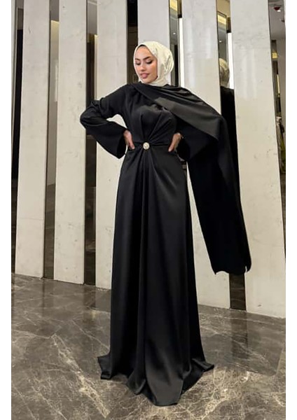 Pelerin Saten Abiye Elbise 4664-05 Siyah