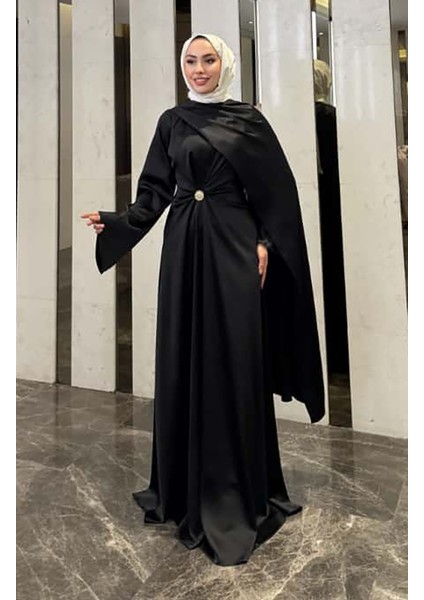 Pelerin Saten Abiye Elbise 4664-05 Siyah fiyatları