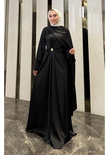 Pelerin Saten Abiye Elbise 4664-05 Siyah modelleri