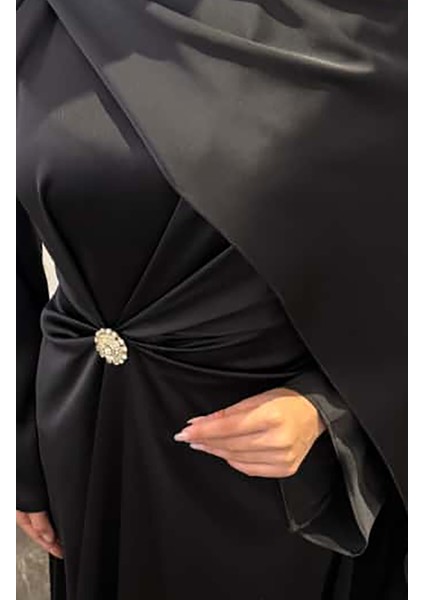 Pelerin Saten Abiye Elbise 4664-05 Siyah fırsatları