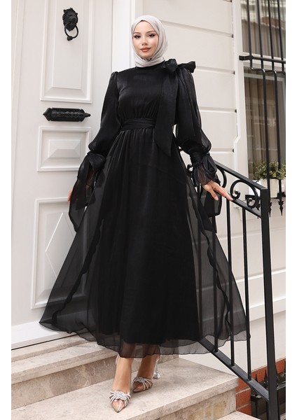 Organze Tül Beli Büzgülü Kuşaklı Abiye Elbise 5611-08 Siyah