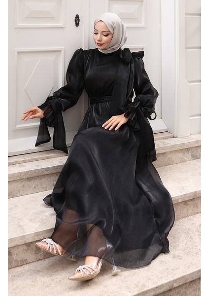 Organze Tül Beli Büzgülü Kuşaklı Abiye Elbise 5611-08 Siyah fiyatları