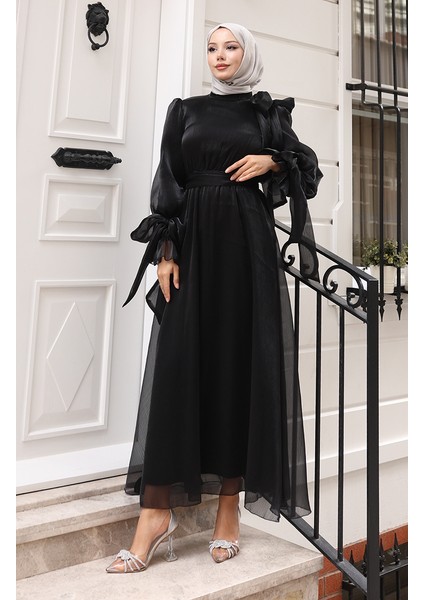 Organze Tül Beli Büzgülü Kuşaklı Abiye Elbise 5611-08 Siyah modelleri