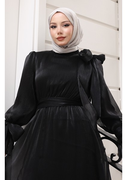 Organze Tül Beli Büzgülü Kuşaklı Abiye Elbise 5611-08 Siyah fırsatları