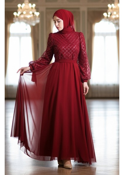 Pullu Kuşaklı Şifon Abiye Elbise 5617-05 Bordo