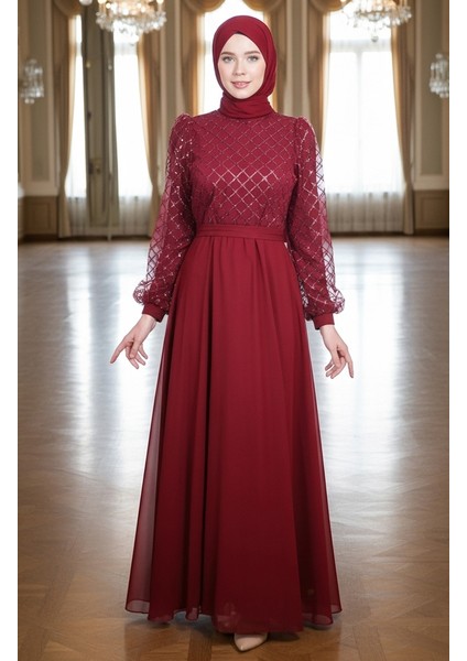 Pullu Kuşaklı Şifon Abiye Elbise 5617-05 Bordo fiyatları