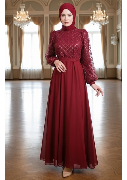 Pullu Kuşaklı Şifon Abiye Elbise 5617-05 Bordo modelleri