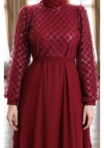 Pullu Kuşaklı Şifon Abiye Elbise 5617-05 Bordo fırsatları