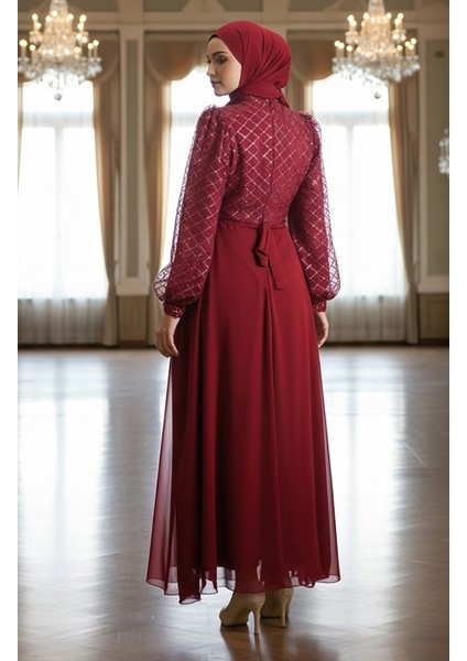 Pullu Kuşaklı Şifon Abiye Elbise 5617-05 Bordo indirimleri
