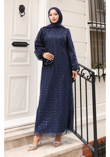 Yaprak Desenli Simli Kaplama Abiye Elbise 5612-03 Lacivert