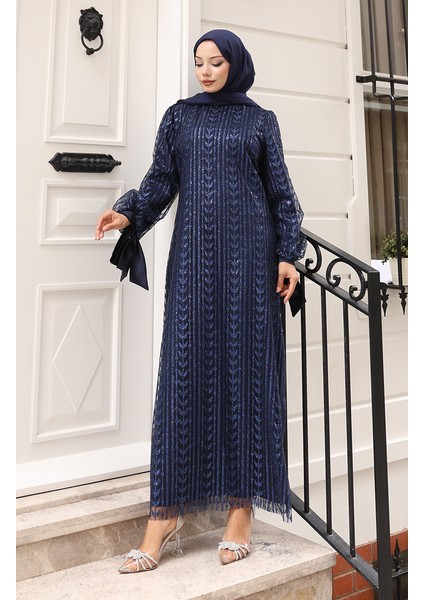 Yaprak Desenli Simli Kaplama Abiye Elbise 5612-03 Lacivert fiyatları