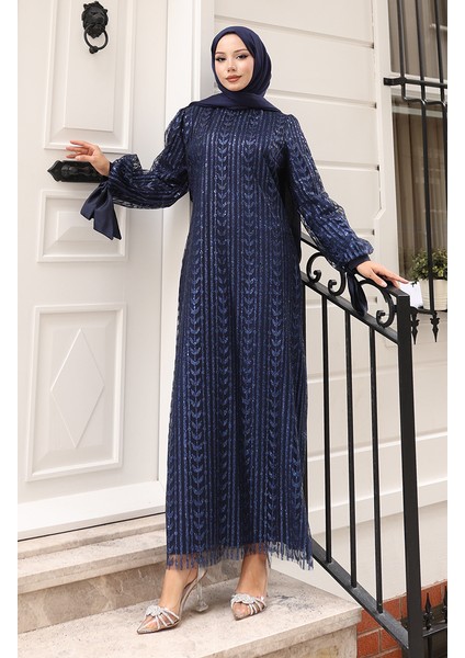 Yaprak Desenli Simli Kaplama Abiye Elbise 5612-03 Lacivert modelleri