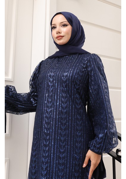 Yaprak Desenli Simli Kaplama Abiye Elbise 5612-03 Lacivert fırsatları