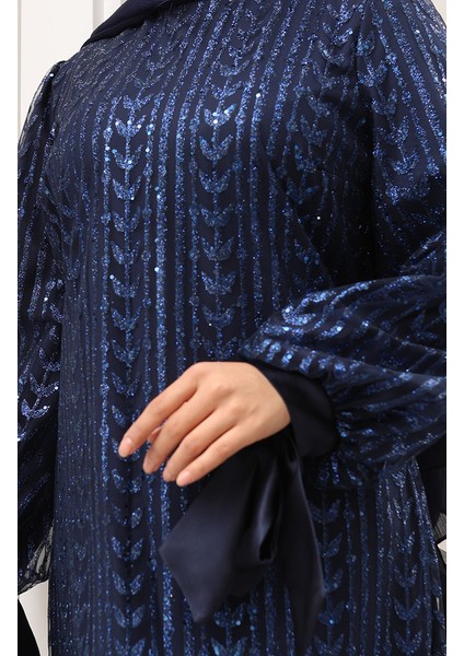 Yaprak Desenli Simli Kaplama Abiye Elbise 5612-03 Lacivert indirimleri