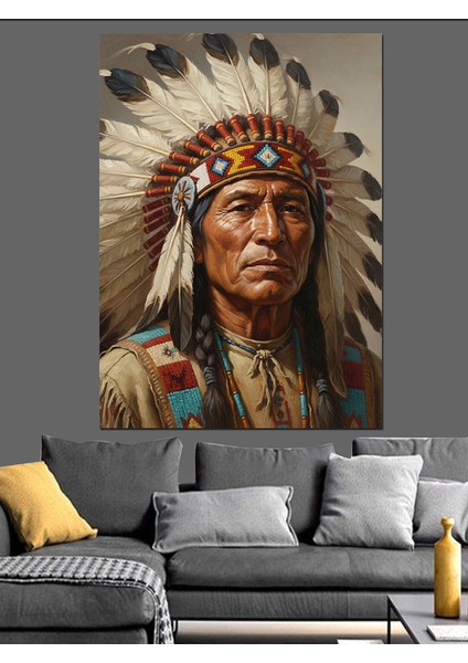 Kızılderili Şefi Tüylü Başlık Dekoratif Kanvas - Mdf Ahşap Tablo