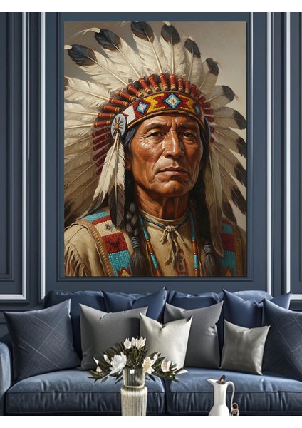 Kızılderili Şefi Tüylü Başlık Dekoratif Kanvas - Mdf Ahşap Tablo fiyatları