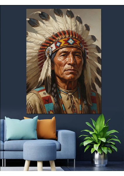 Kızılderili Şefi Tüylü Başlık Dekoratif Kanvas - Mdf Ahşap Tablo modelleri