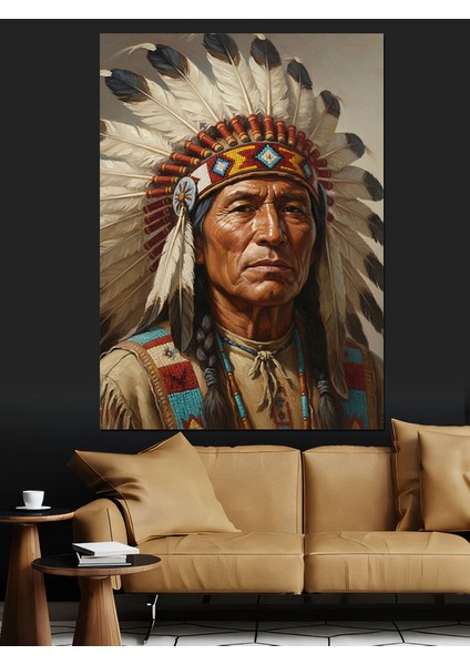 Kızılderili Şefi Tüylü Başlık Dekoratif Kanvas - Mdf Ahşap Tablo fırsatları