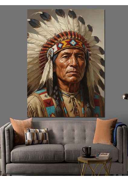 Kızılderili Şefi Tüylü Başlık Dekoratif Kanvas - Mdf Ahşap Tablo indirimleri