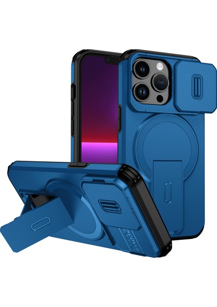 iPhone 13 Pro Için Manyetik Kılıf, Kayar Kamera Korumalı Çift Katmanlı Darbeye Dayanıklı Telefon Kılıfı, Ayarlanabilir Stand, Mavi (Yurt Dışından)