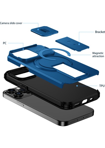 iPhone 13 Pro Için Manyetik Kılıf, Kayar Kamera Korumalı Çift Katmanlı Darbeye Dayanıklı Telefon Kılıfı, Ayarlanabilir Stand, Mavi (Yurt Dışından) fiyatları