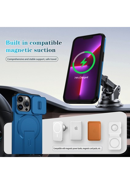 iPhone 13 Pro Için Manyetik Kılıf, Kayar Kamera Korumalı Çift Katmanlı Darbeye Dayanıklı Telefon Kılıfı, Ayarlanabilir Stand, Mavi (Yurt Dışından) modelleri