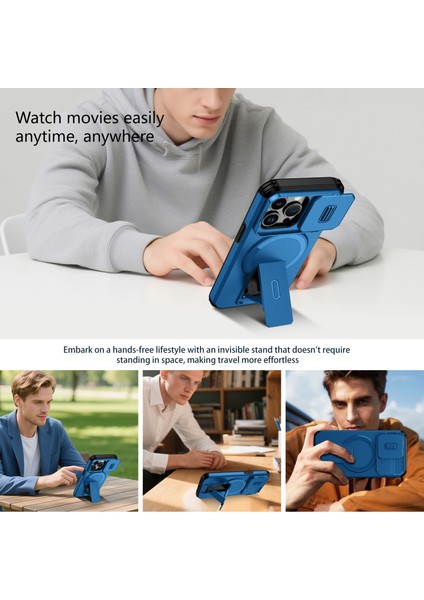 iPhone 13 Pro Için Manyetik Kılıf, Kayar Kamera Korumalı Çift Katmanlı Darbeye Dayanıklı Telefon Kılıfı, Ayarlanabilir Stand, Mavi (Yurt Dışından) indirimleri