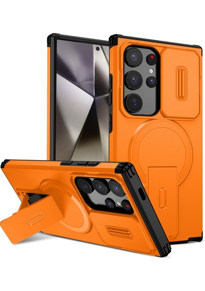 Samsung Galaxy S24 Ultra Için Manyetik Kılıf, Kayar Kamera Korumalı Çift Katmanlı Darbeye Dayanıklı Telefon Kılıfı, Ayarlanabilir Stand, Turuncu (Yurt Dışından)