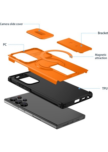 Samsung Galaxy S24 Ultra Için Manyetik Kılıf, Kayar Kamera Korumalı Çift Katmanlı Darbeye Dayanıklı Telefon Kılıfı, Ayarlanabilir Stand, Turuncu (Yurt Dışından) fiyatları