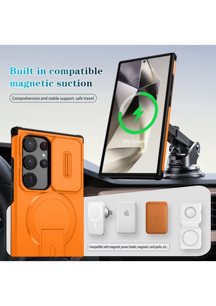 Samsung Galaxy S24 Ultra Için Manyetik Kılıf, Kayar Kamera Korumalı Çift Katmanlı Darbeye Dayanıklı Telefon Kılıfı, Ayarlanabilir Stand, Turuncu (Yurt Dışından) modelleri