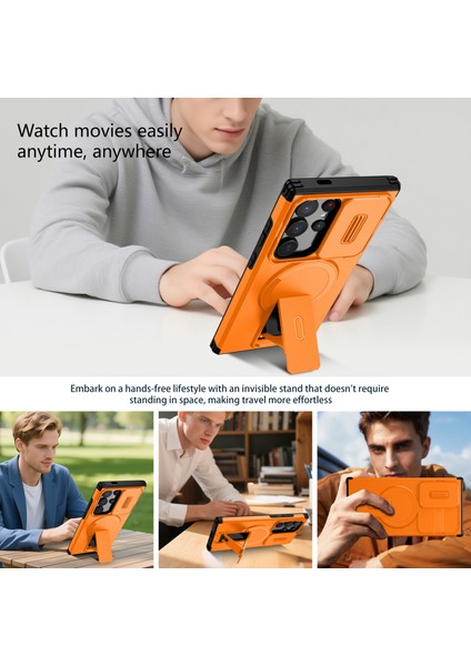 Samsung Galaxy S24 Ultra Için Manyetik Kılıf, Kayar Kamera Korumalı Çift Katmanlı Darbeye Dayanıklı Telefon Kılıfı, Ayarlanabilir Stand, Turuncu (Yurt Dışından) indirimleri