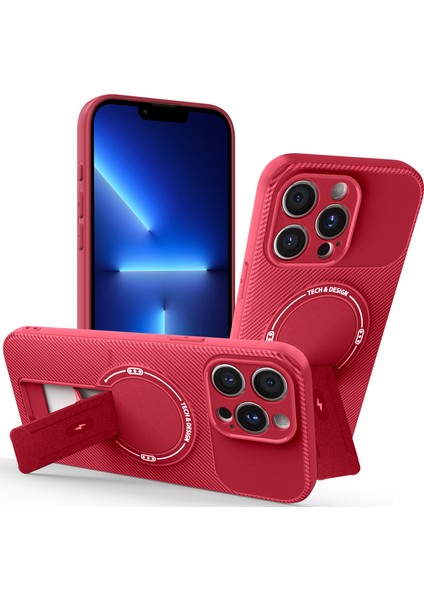 iPhone 15 Pro Max Için Manyetik Kılıf, Karbon Fiber Tasarım, Standlı Tpu Hibrit Telefon Kılıfı, Kırmızı (Yurt Dışından)
