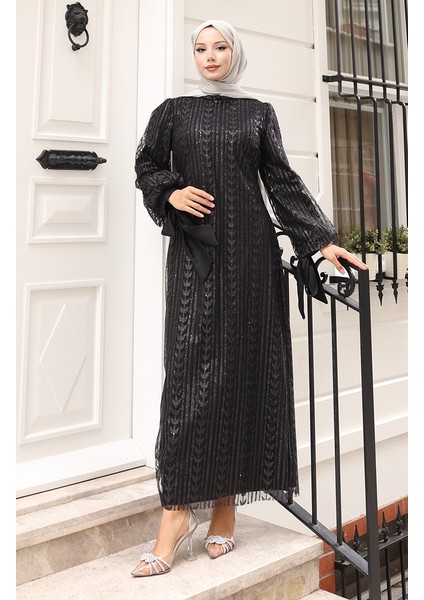 Yaprak Desenli Simli Kaplama Abiye Elbise 5612-01 Siyah