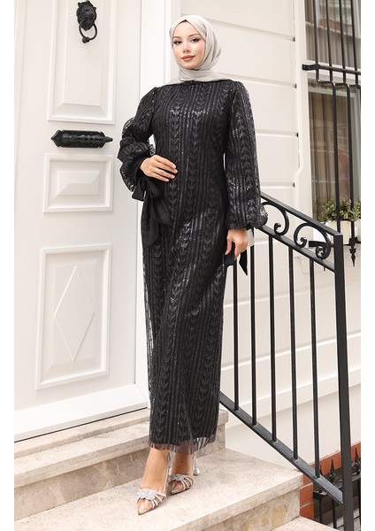 Yaprak Desenli Simli Kaplama Abiye Elbise 5612-01 Siyah fiyatları