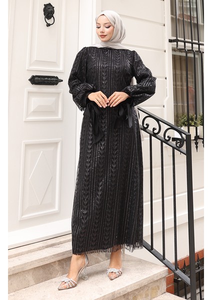 Yaprak Desenli Simli Kaplama Abiye Elbise 5612-01 Siyah modelleri