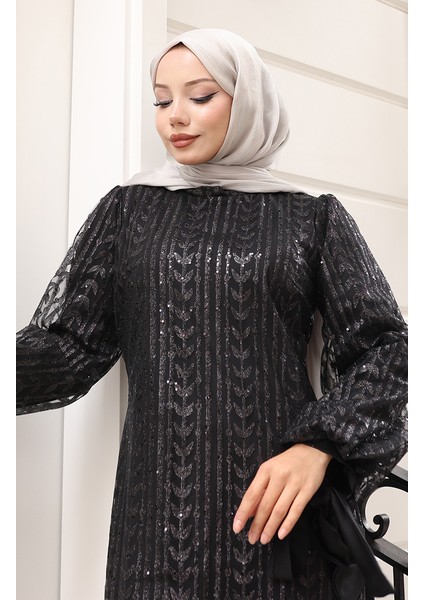 Yaprak Desenli Simli Kaplama Abiye Elbise 5612-01 Siyah fırsatları