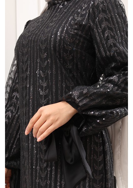 Yaprak Desenli Simli Kaplama Abiye Elbise 5612-01 Siyah indirimleri