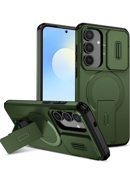 Samsung Galaxy S25 Fe Için Manyetik Kılıf, Kayar Kamera Korumalı Çift Katmanlı Darbeye Dayanıklı Telefon Kılıfı, Ayarlanabilir Stand, Yeşil (Yurt Dışından)