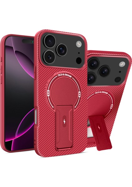 iPhone 17 Pro Max Için Manyetik Kılıf, Karbon Fiber Tasarım, Standlı Tpu Hibrit Telefon Kılıfı, Kırmızı (Yurt Dışından)